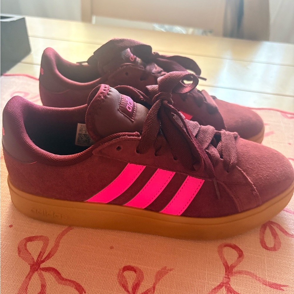 Adidas Women’s Maroon Velvet Sneakers with Hot Pink Stripes